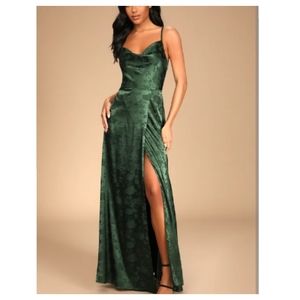 Lulus Simply Dreamy Emerald Green Satin Floral Jacquard Maxi Dress size XL